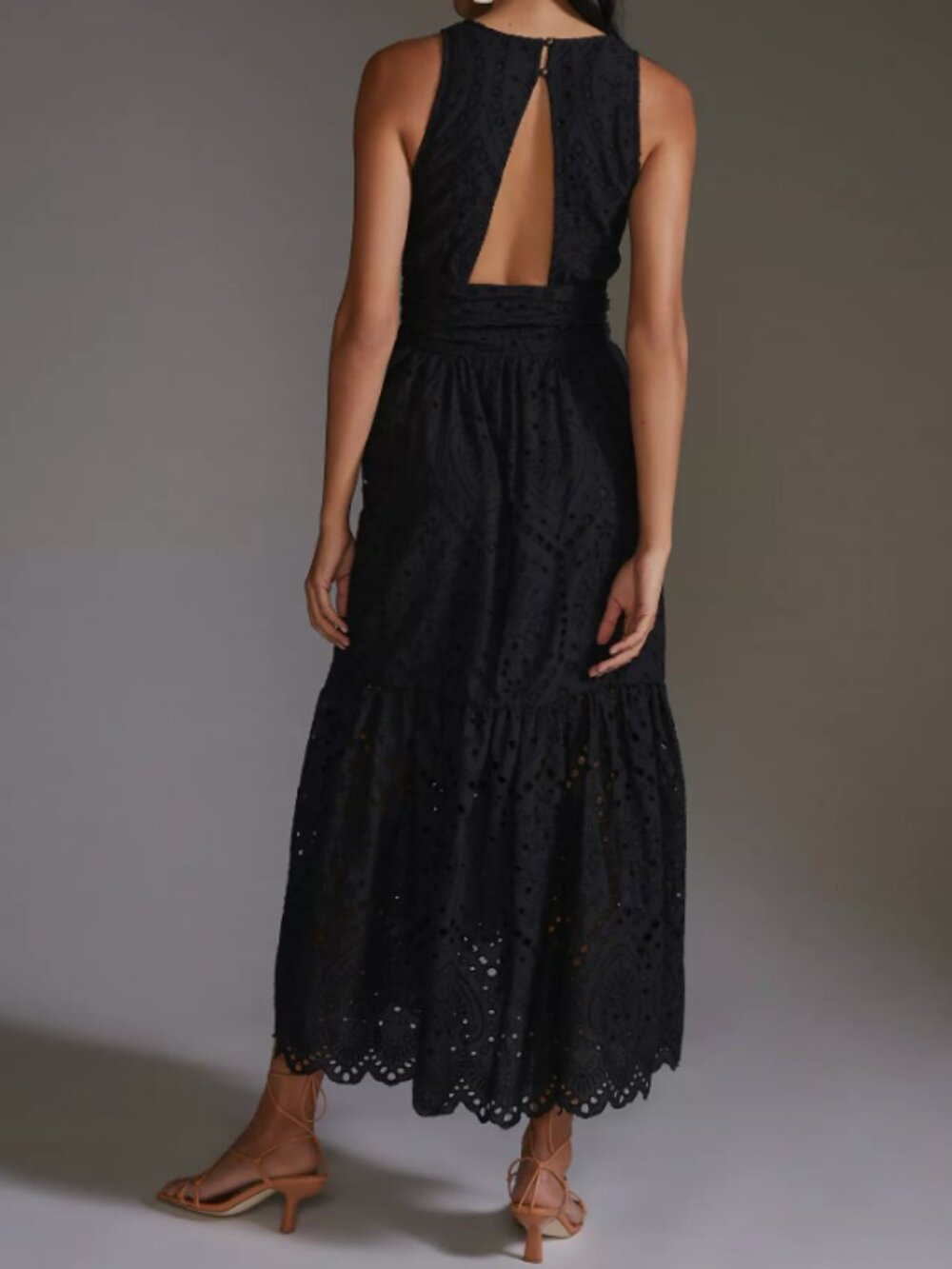 Anthropologie Maeve Black Eyelet Floral Midi Dress Size 12 - Picture 2 of 8